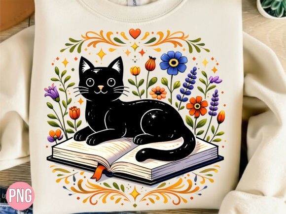 Black Cat Reading Open Book Floral PNG