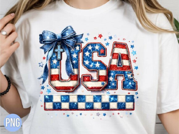 USA Patriotic Cross Denim Bow PNG Shirt
